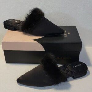 Birdies The Dove Onyx Black Women's Slip On Mink Fur Pointed Toe Mules Shoes